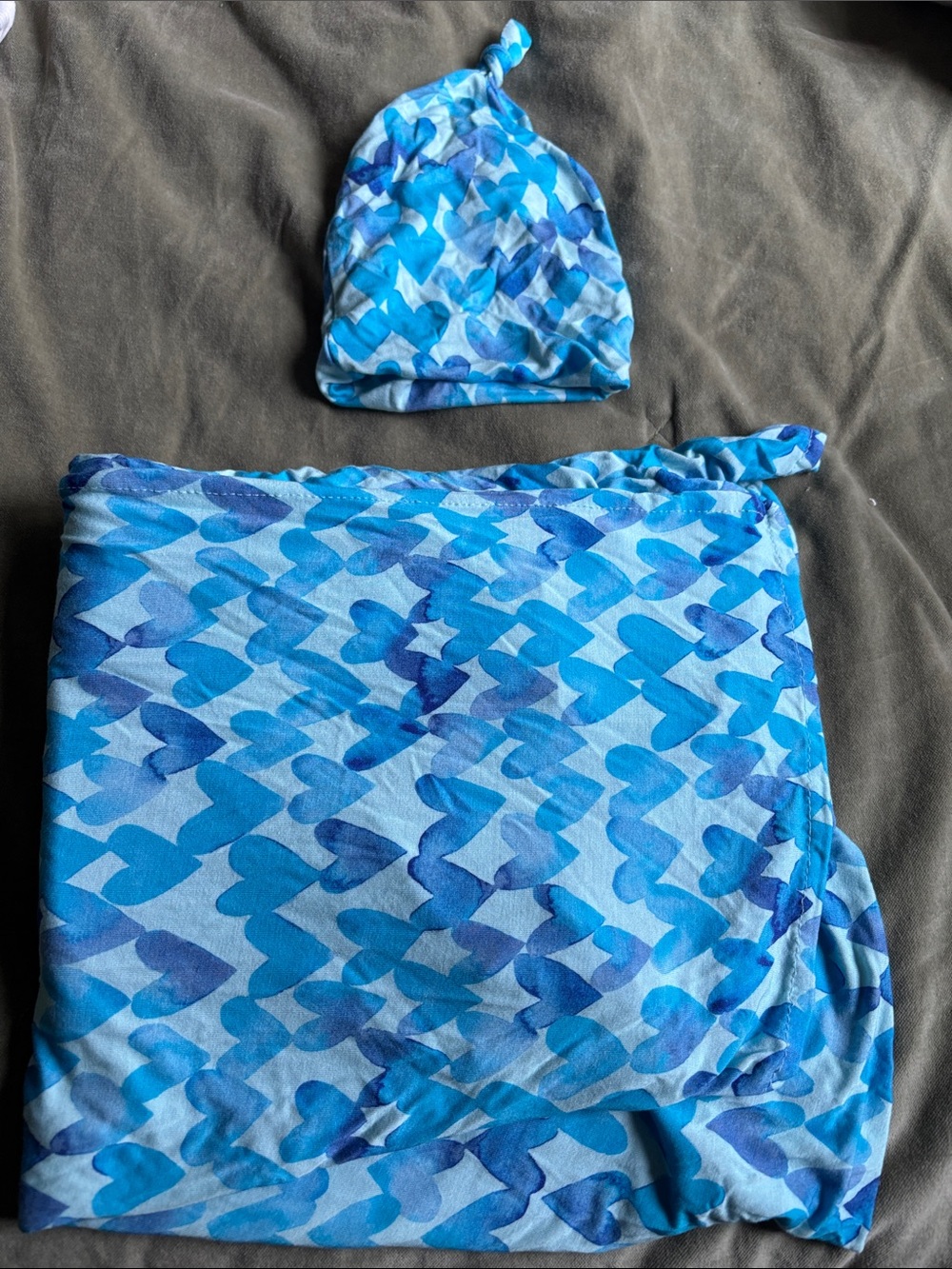 Little Sleepies Blue Heart Knit Swaddle & Knot Hat Set